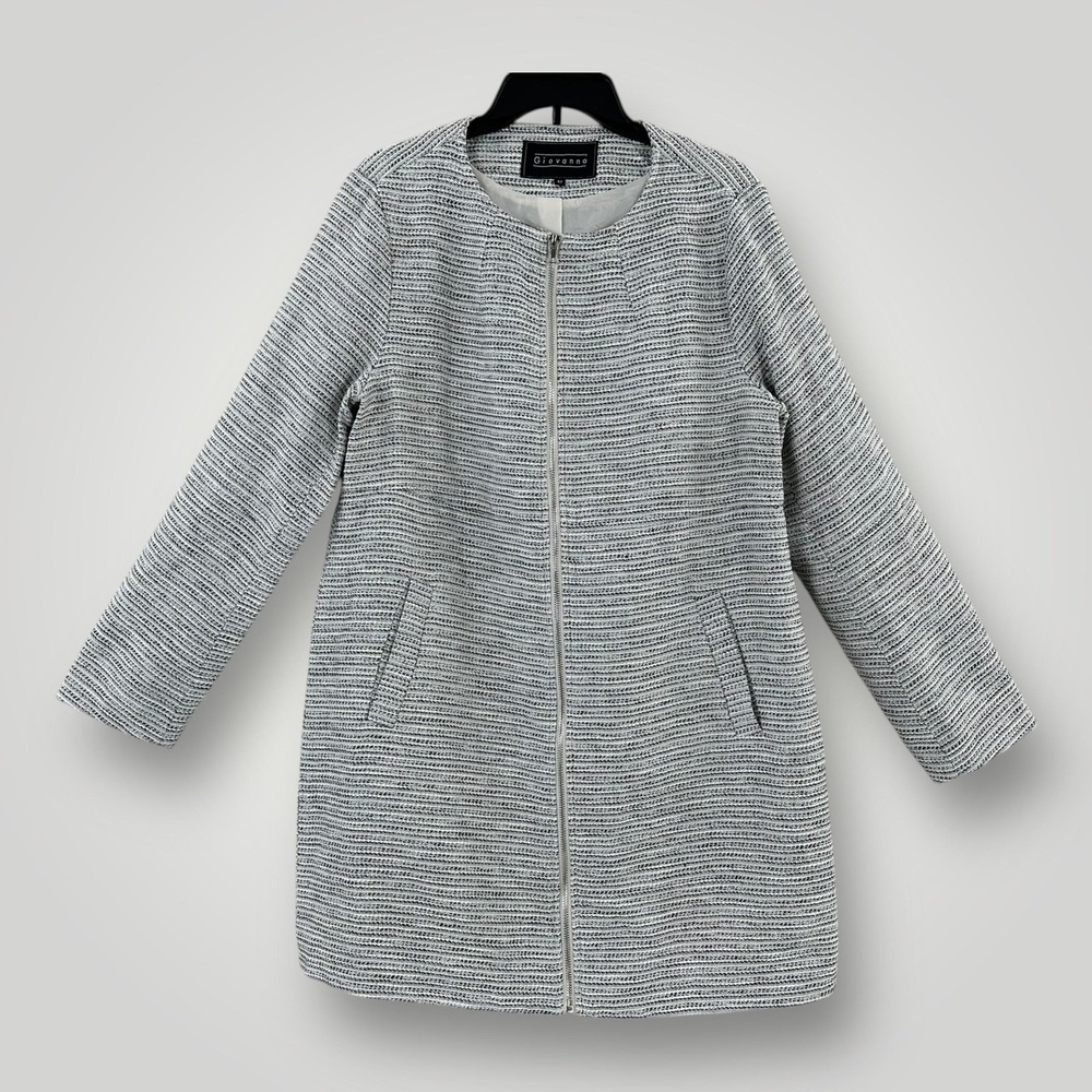 Giovanna Long Knit‎ Coat Womens XL Gray White Textured Full Zip Jacket Chic
